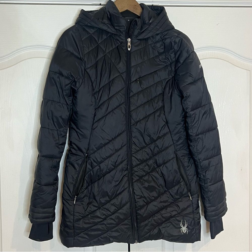 Spyder Puffer Black Boundless Insulated Hooded Long Full Zip Logo Coat
